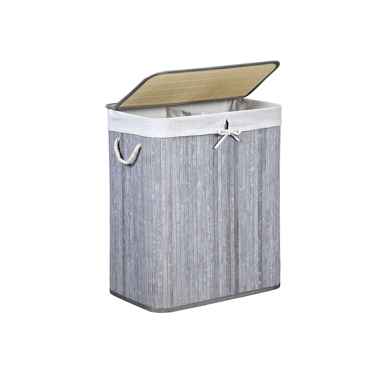 Laundry Basket – Bamboo – Distressed Grey – Two Sections with Lid and Removable Liner