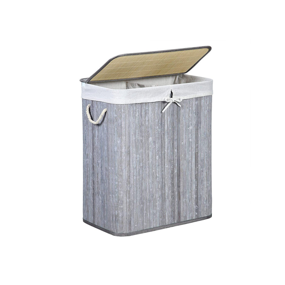 Laundry Basket – Bamboo – Distressed Grey – Two Sections with Lid and Removable Liner