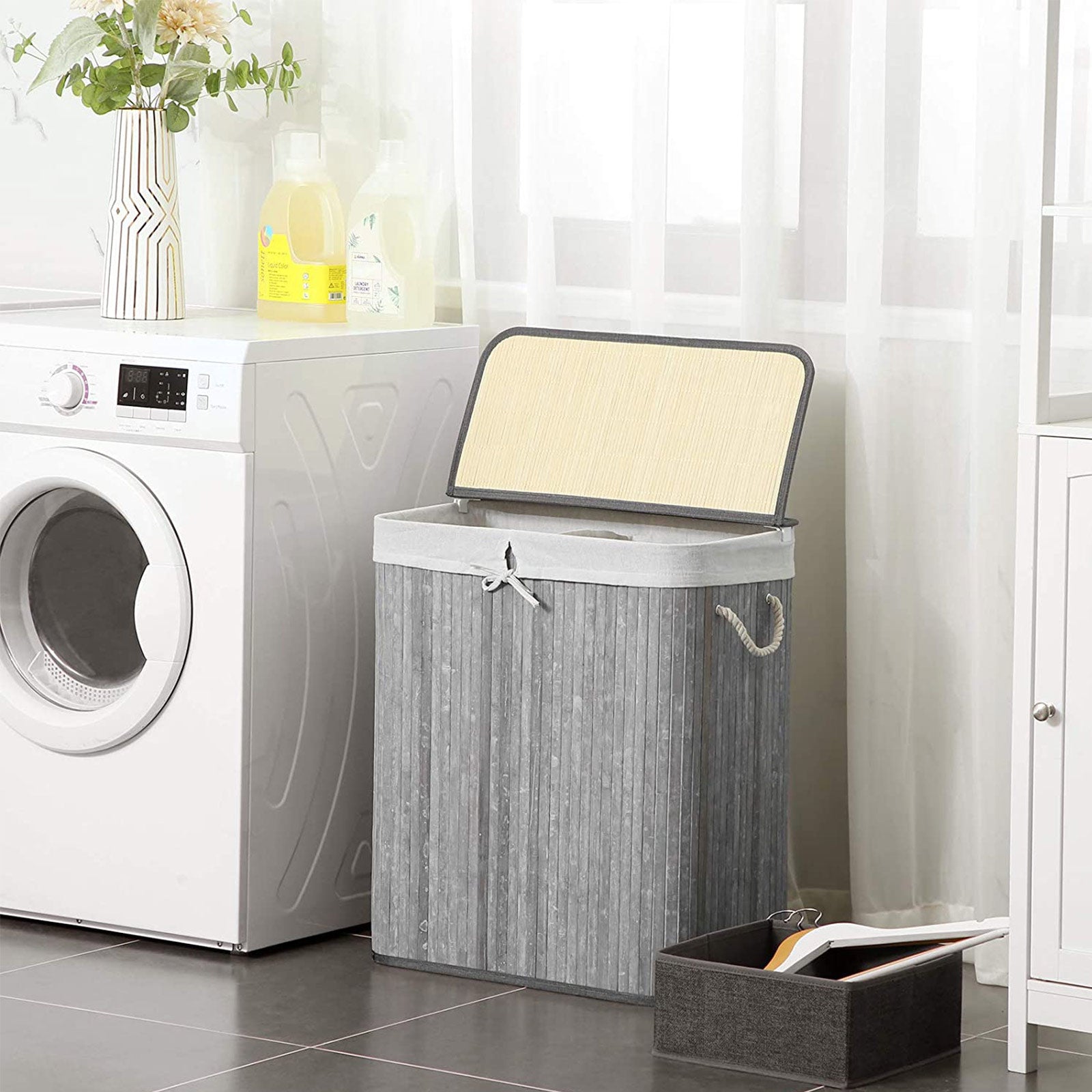 Laundry Basket – Bamboo – Distressed Grey – Two Sections with Lid and Removable Liner