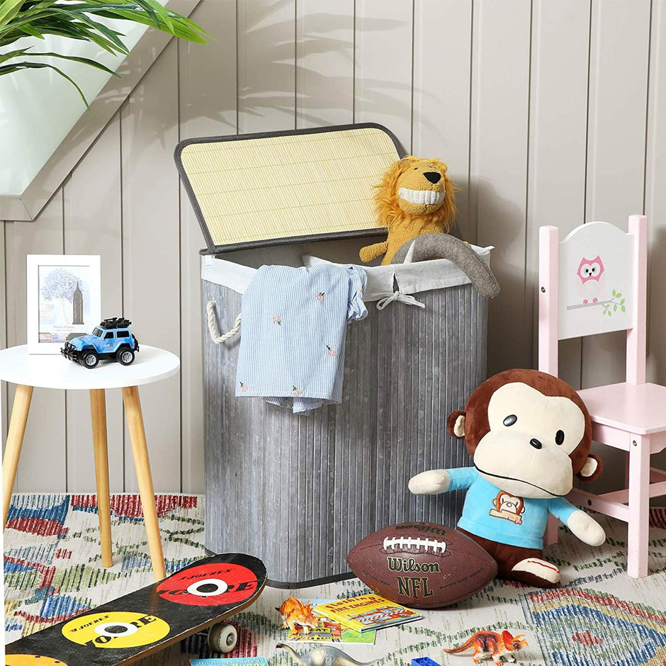 Laundry Basket – Bamboo – Distressed Grey – Two Sections with Lid and Removable Liner