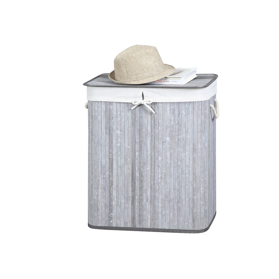Laundry Basket – Bamboo – Distressed Grey – Two Sections with Lid and Removable Liner