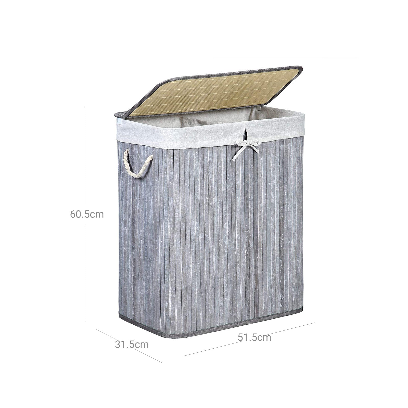 Laundry Basket – Bamboo – Distressed Grey – Two Sections with Lid and Removable Liner