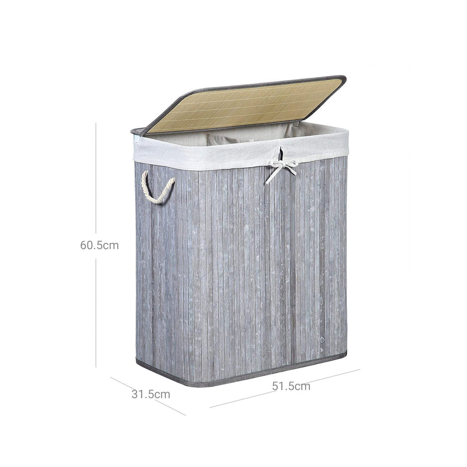 Laundry Basket – Bamboo – Distressed Grey – Two Sections with Lid and Removable Liner