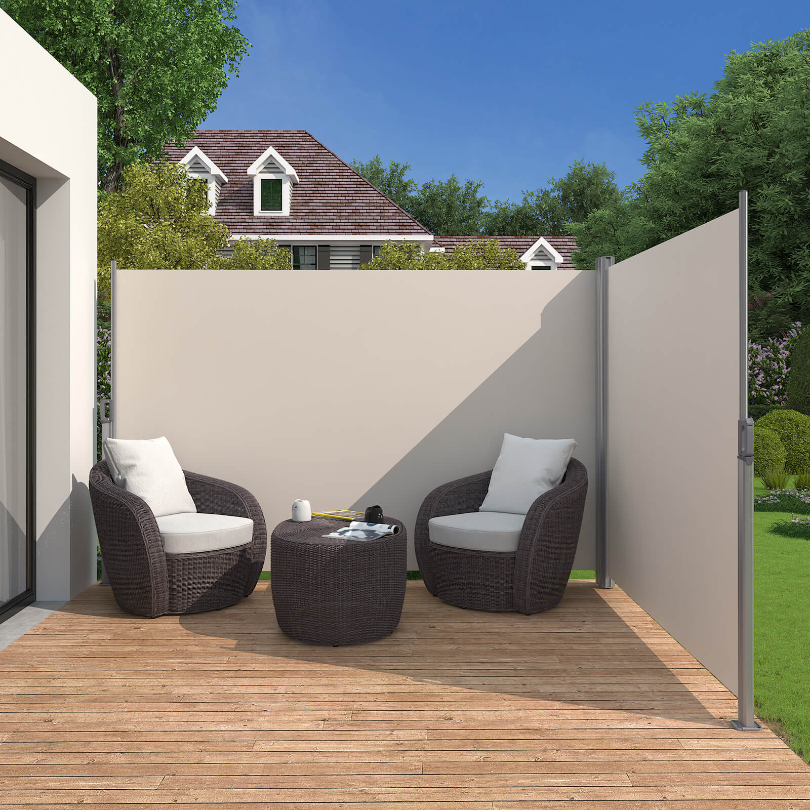Retractable Bilateral Awning – Thickened Polyester Fabric – Beige – Double Side Privacy Protection