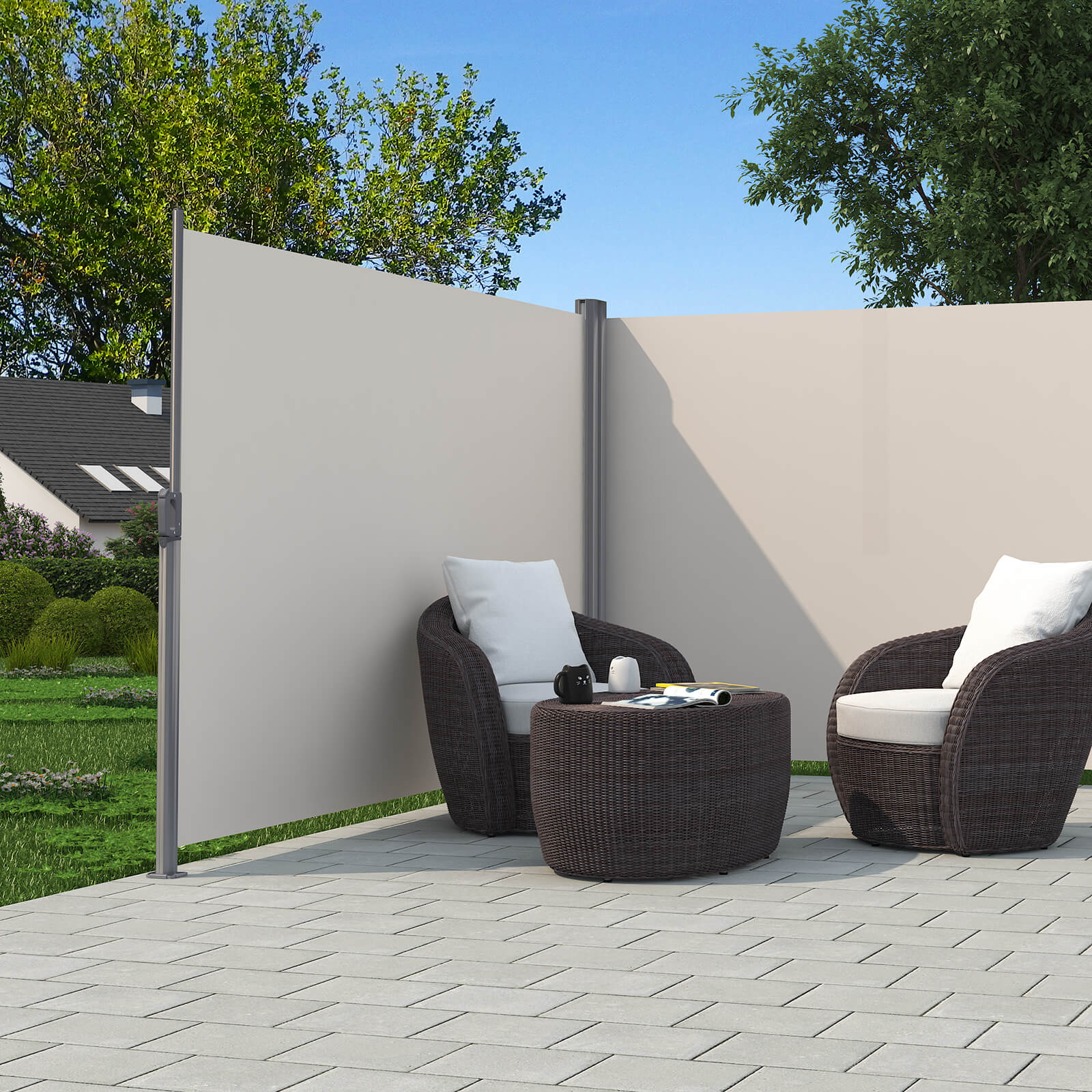 Retractable Bilateral Awning – Thickened Polyester Fabric – Beige – Double Side Privacy Protection
