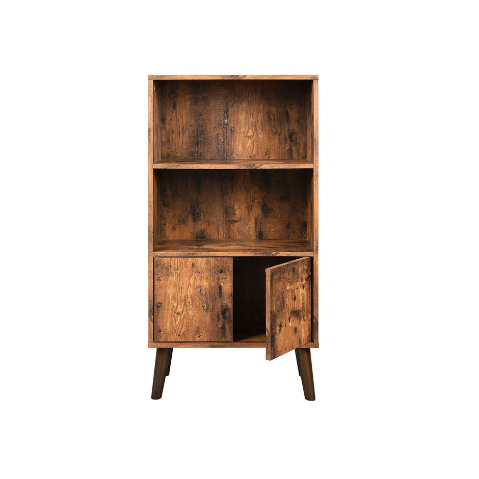 2-Tier Bookcase – Wood – Brown – Mid-Century Modern Design with Doors