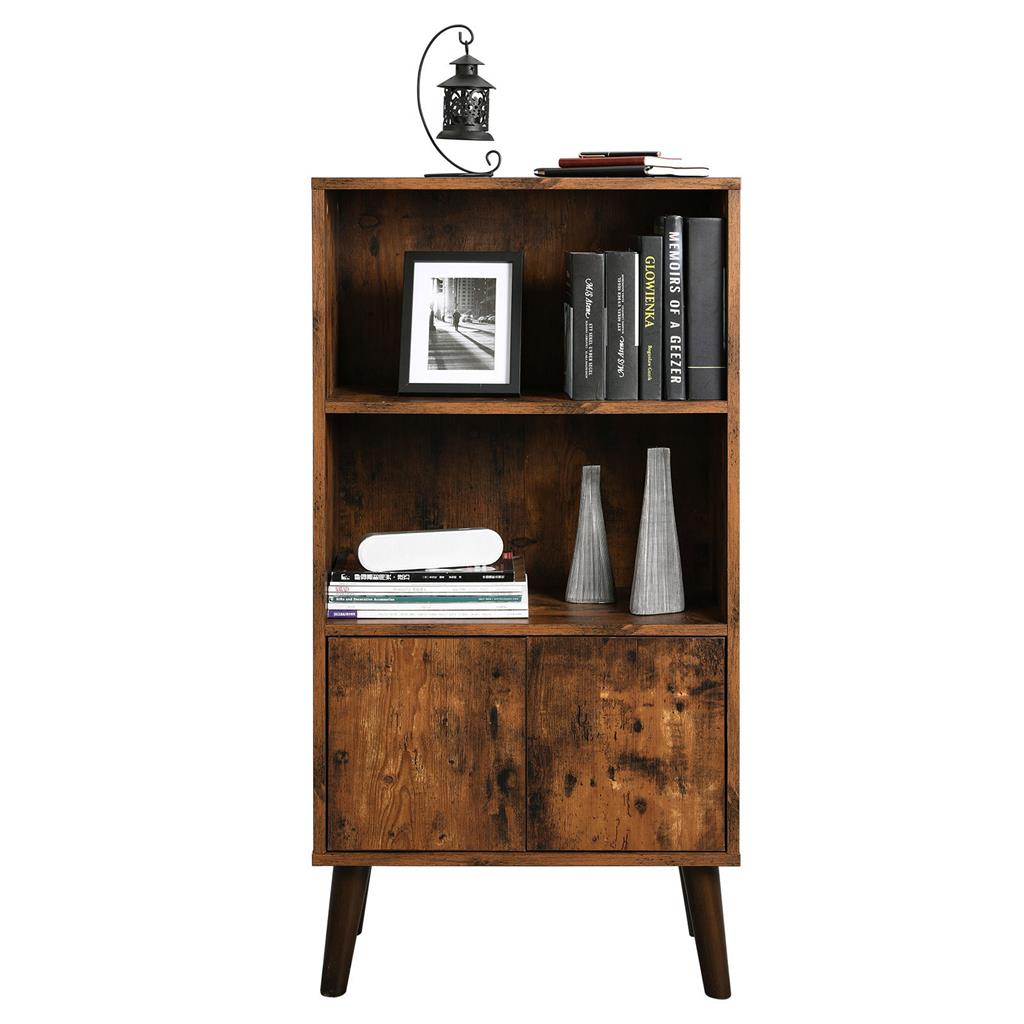 2-Tier Bookcase – Wood – Brown – Mid-Century Modern Design with Doors