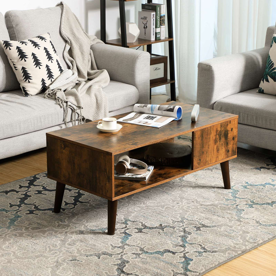 Mid-Century Modern Coffee Table – Wood – Brown – With Storage Shelf