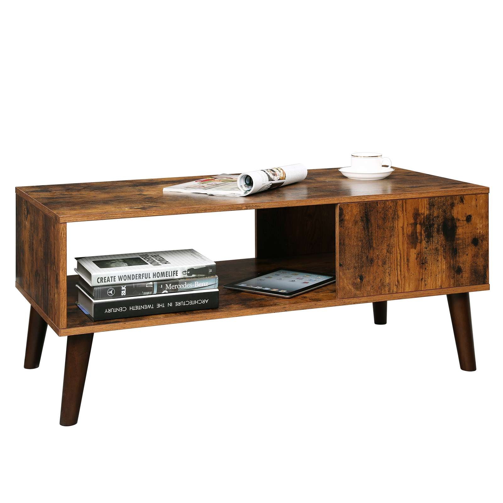 Mid-Century Modern Coffee Table – Wood – Brown – With Storage Shelf