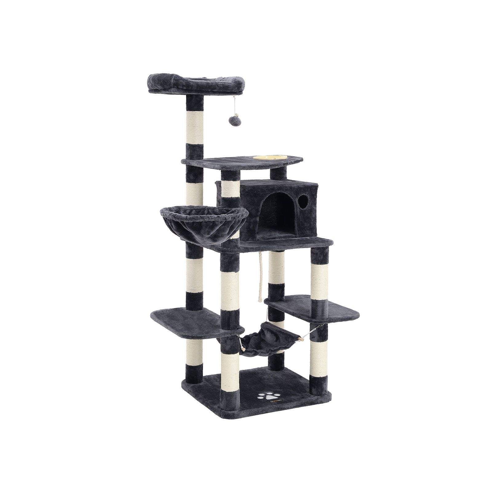 Multi-Level Cat Tree – Engineered Wood and Sisal – Smoky Grey – Includes Feeder Bowl, Hammock, Basket, and Condo