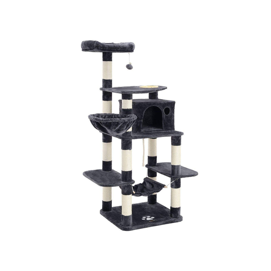Multi-Level Cat Tree – Engineered Wood and Sisal – Smoky Grey – Includes Feeder Bowl, Hammock, Basket, and Condo
