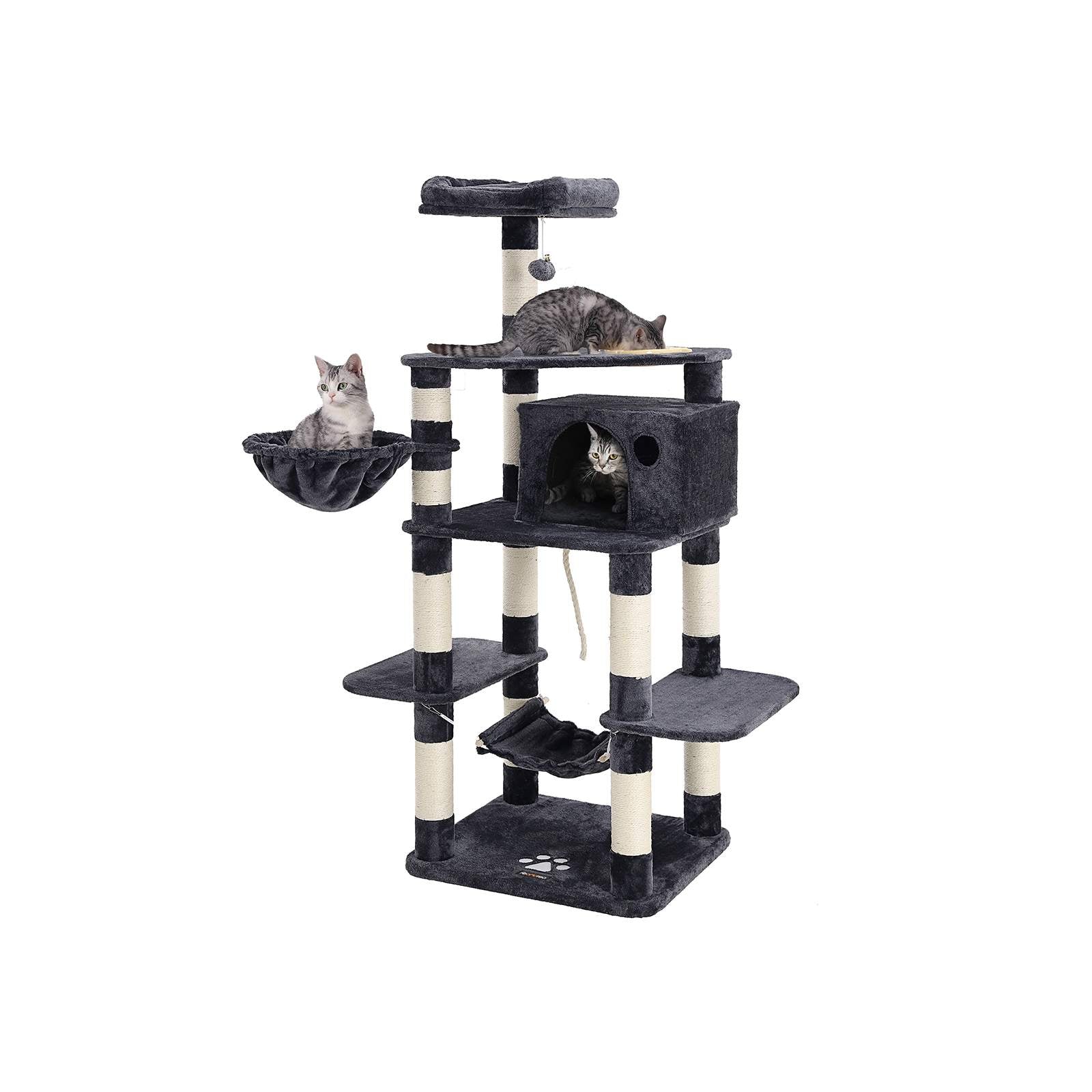 Multi-Level Cat Tree – Engineered Wood and Sisal – Smoky Grey – Includes Feeder Bowl, Hammock, Basket, and Condo
