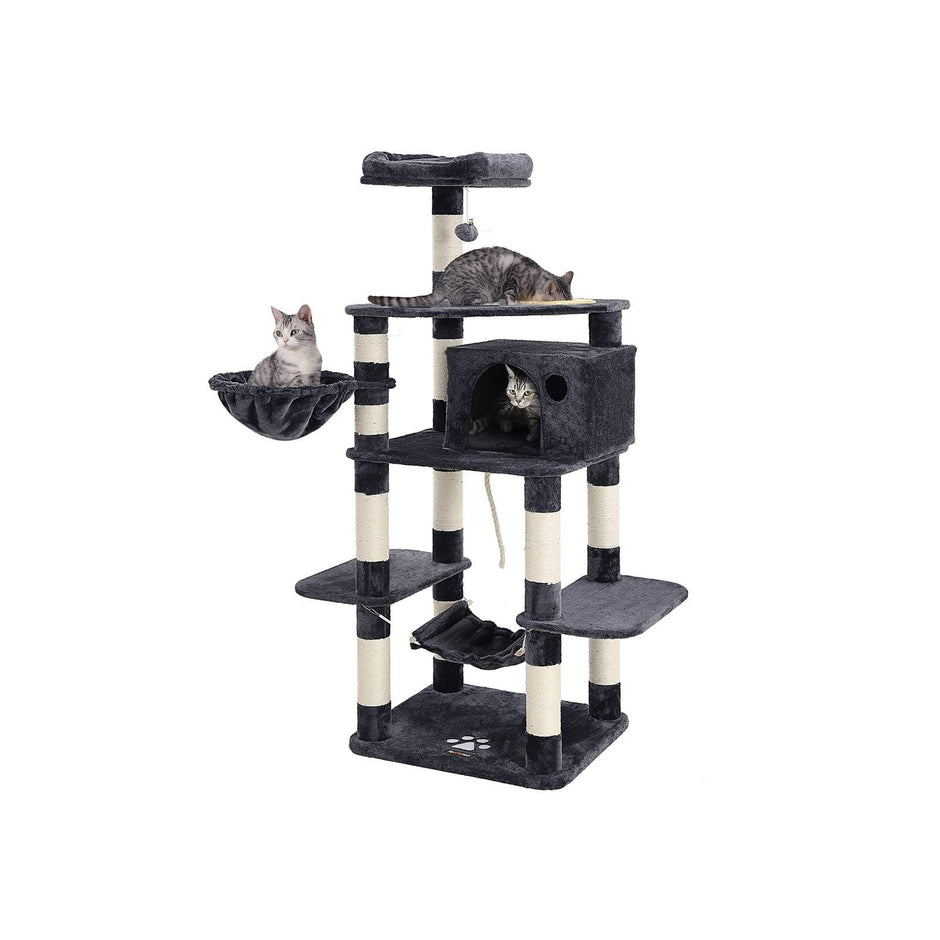 Multi-Level Cat Tree – Engineered Wood and Sisal – Smoky Grey – Includes Feeder Bowl, Hammock, Basket, and Condo