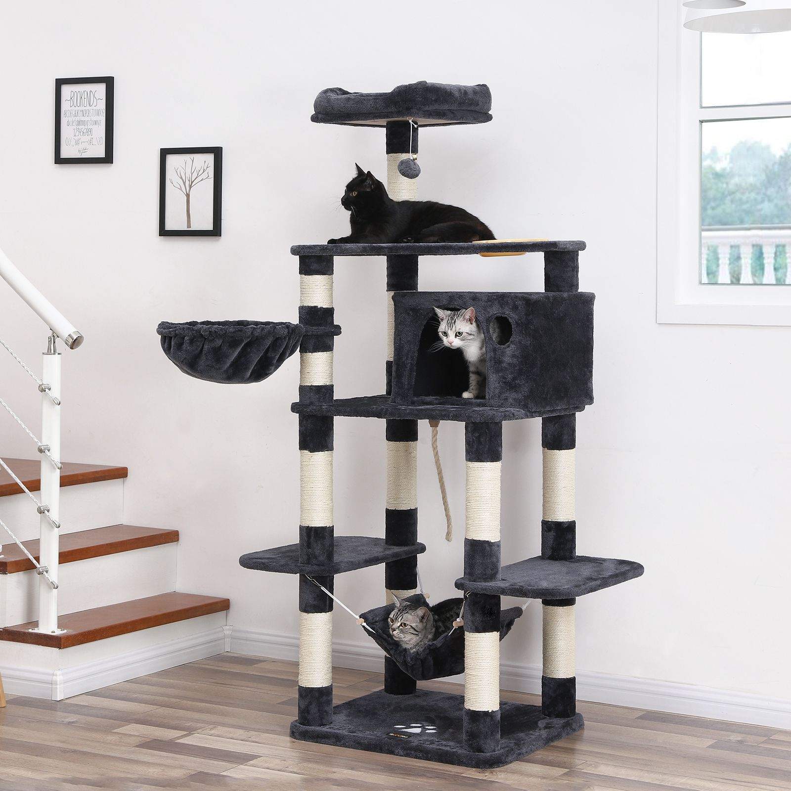 Multi-Level Cat Tree – Engineered Wood and Sisal – Smoky Grey – Includes Feeder Bowl, Hammock, Basket, and Condo
