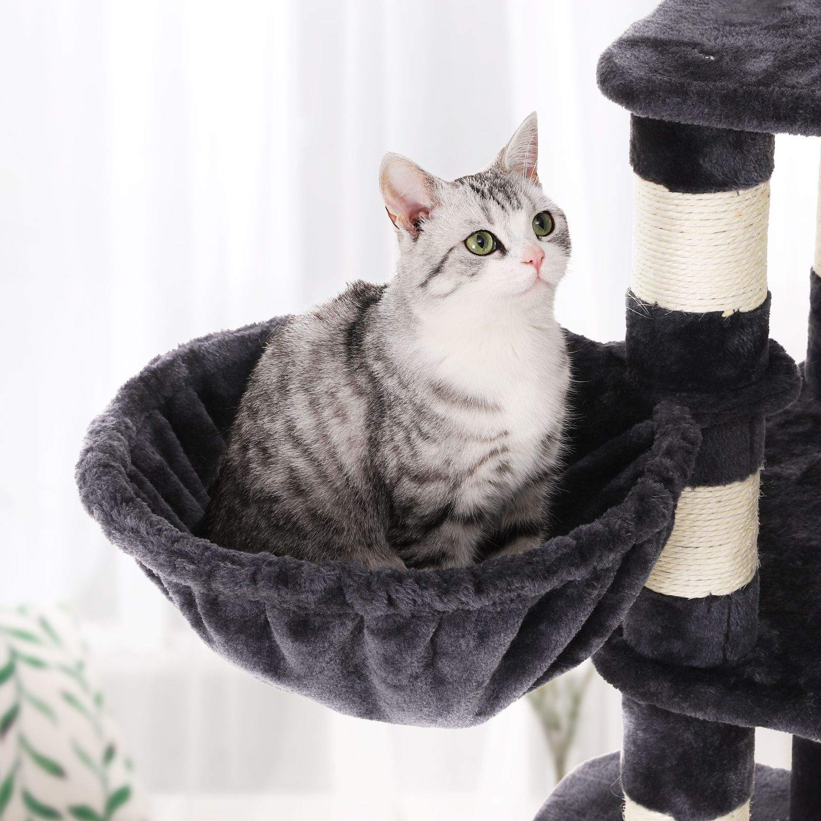 Multi-Level Cat Tree – Engineered Wood and Sisal – Smoky Grey – Includes Feeder Bowl, Hammock, Basket, and Condo