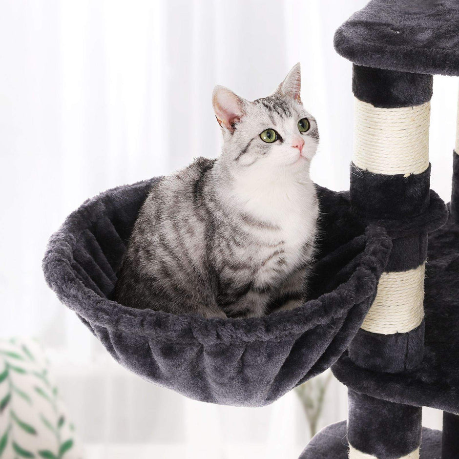 Multi-Level Cat Tree – Engineered Wood and Sisal – Smoky Grey – Includes Feeder Bowl, Hammock, Basket, and Condo