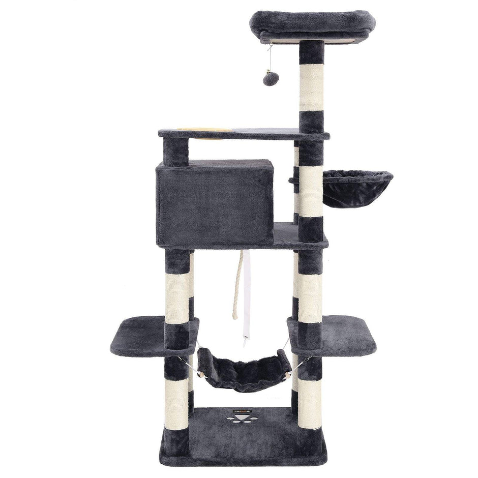 Multi-Level Cat Tree – Engineered Wood and Sisal – Smoky Grey – Includes Feeder Bowl, Hammock, Basket, and Condo