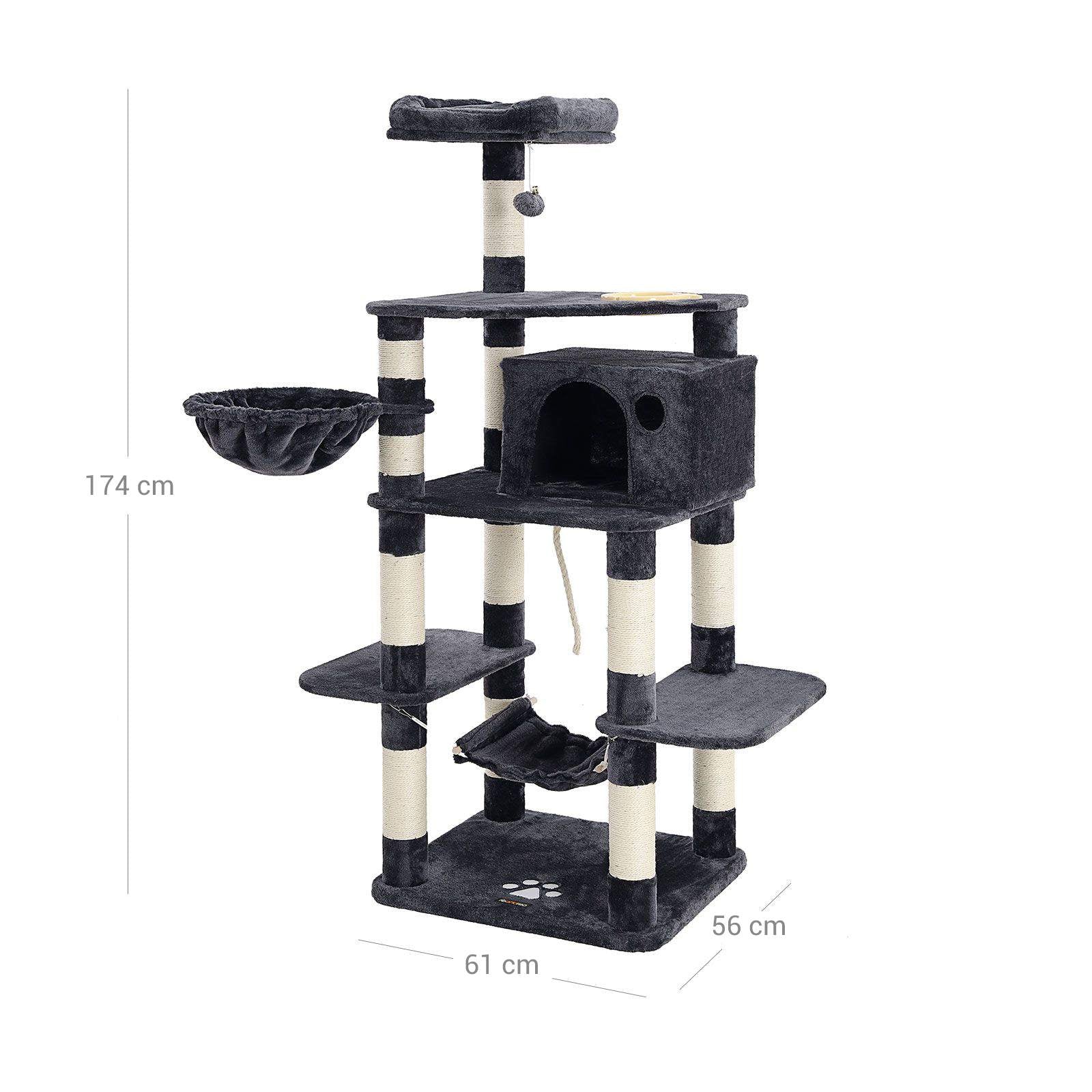 Multi-Level Cat Tree – Engineered Wood and Sisal – Smoky Grey – Includes Feeder Bowl, Hammock, Basket, and Condo
