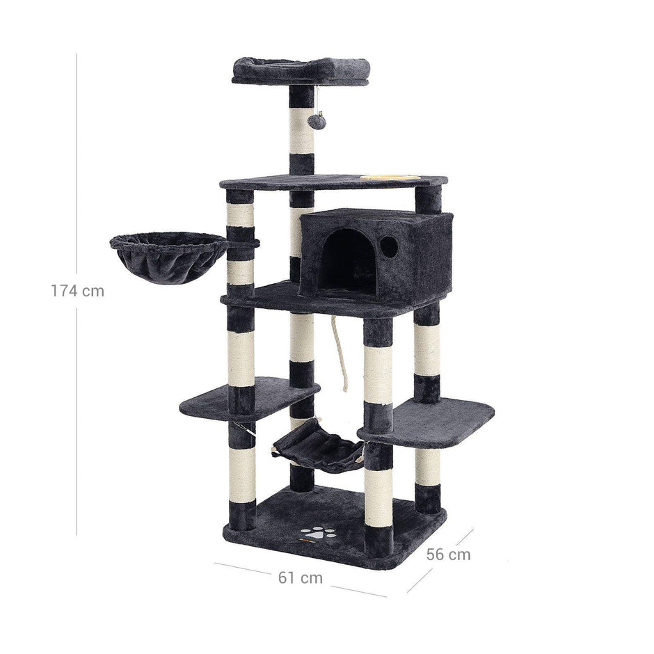 Multi-Level Cat Tree – Engineered Wood and Sisal – Smoky Grey – Includes Feeder Bowl, Hammock, Basket, and Condo