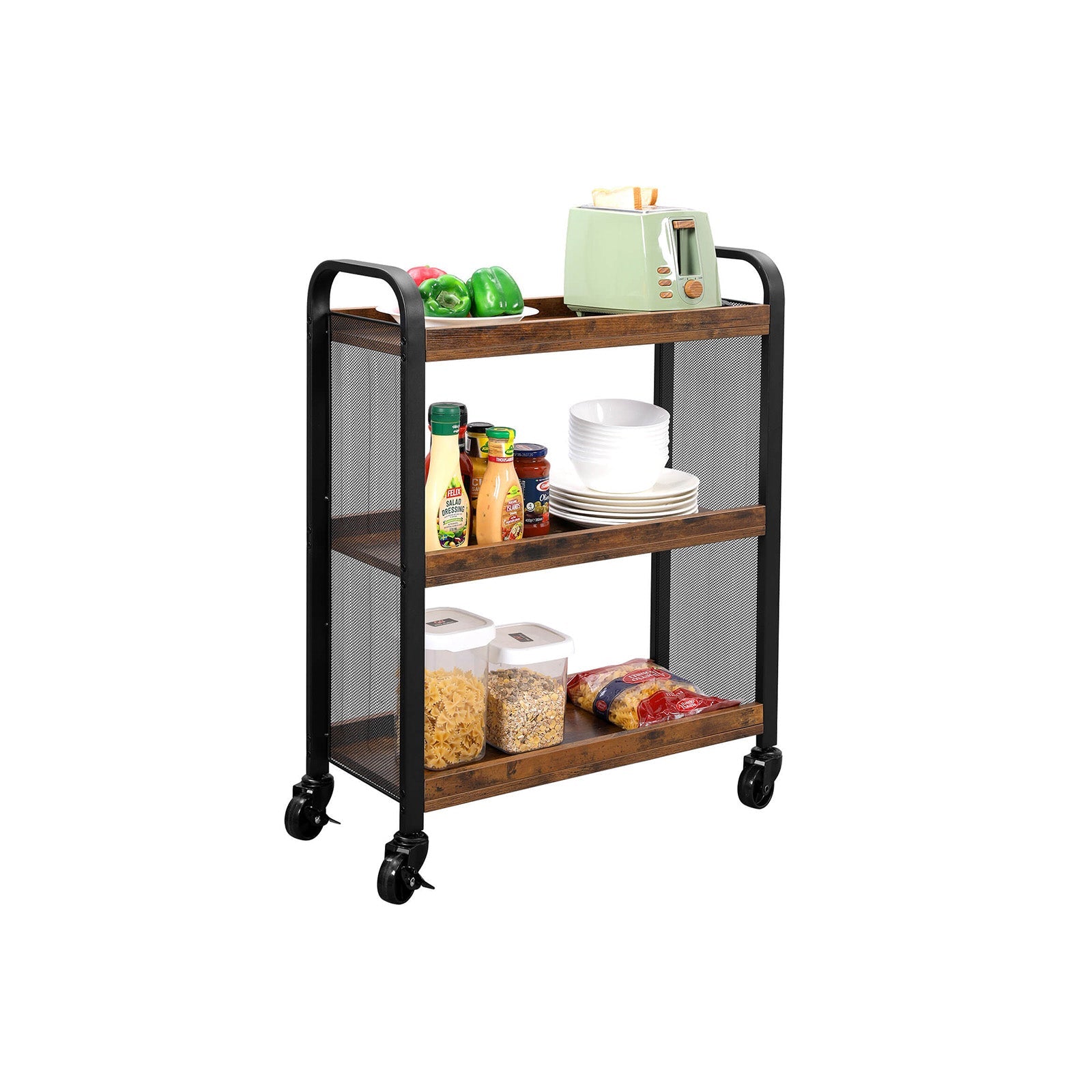Rolling Kitchen Cart – Steel – Rustic Brown – Space-Saving with Universal Castors