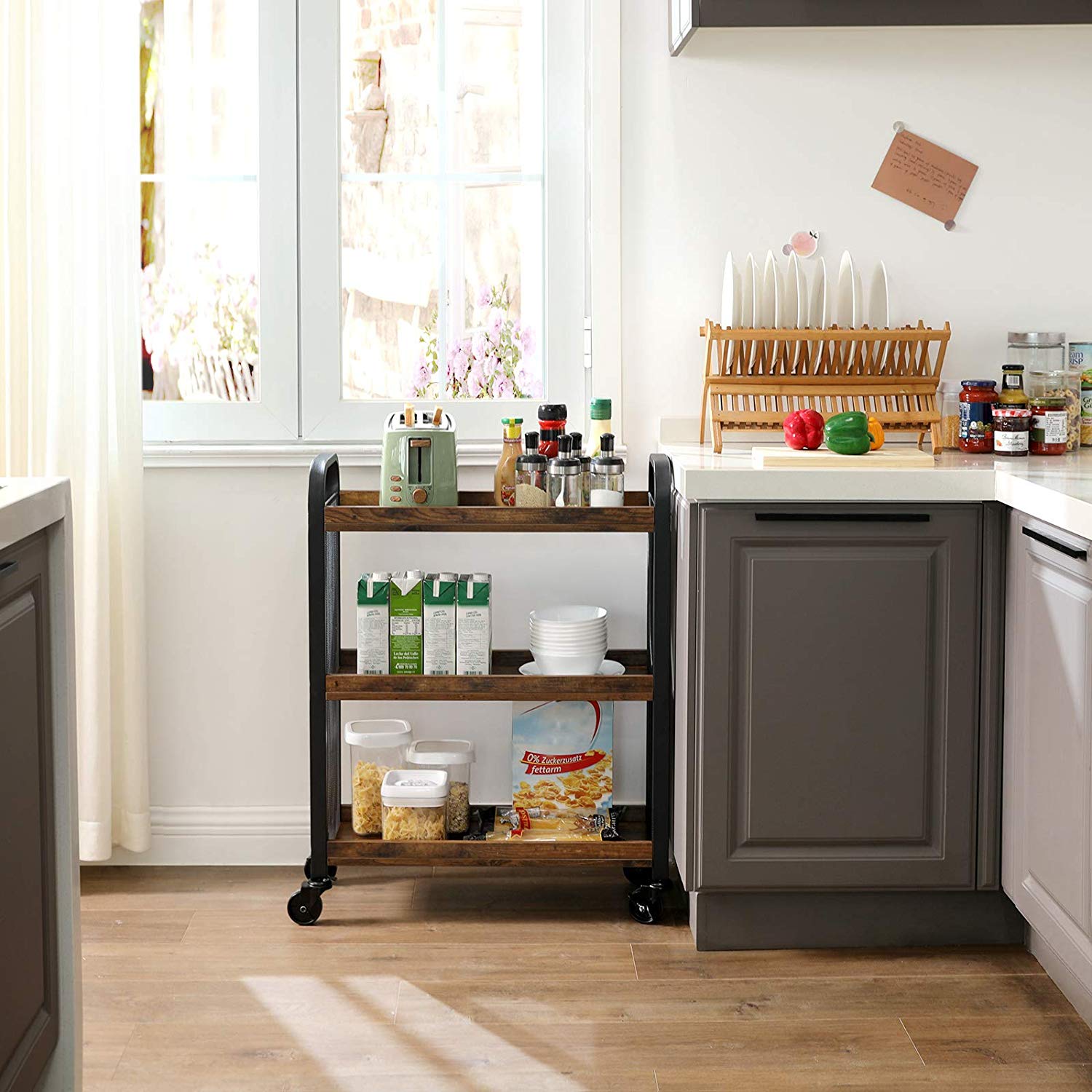Rolling Kitchen Cart – Steel – Rustic Brown – Space-Saving with Universal Castors