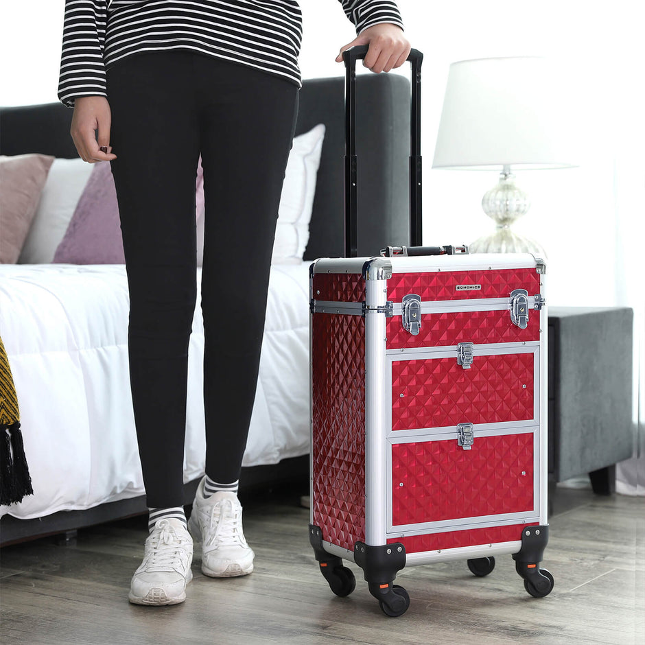 Rolling Trolley Cosmetic Case – ABS – Red – Spacious and Travel-Friendly Design 34 x 27 x 57 cm