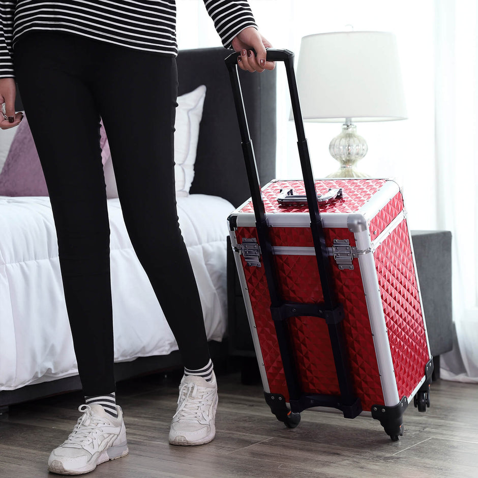 Rolling Trolley Cosmetic Case – ABS – Red – Spacious and Travel-Friendly Design 34 x 27 x 57 cm