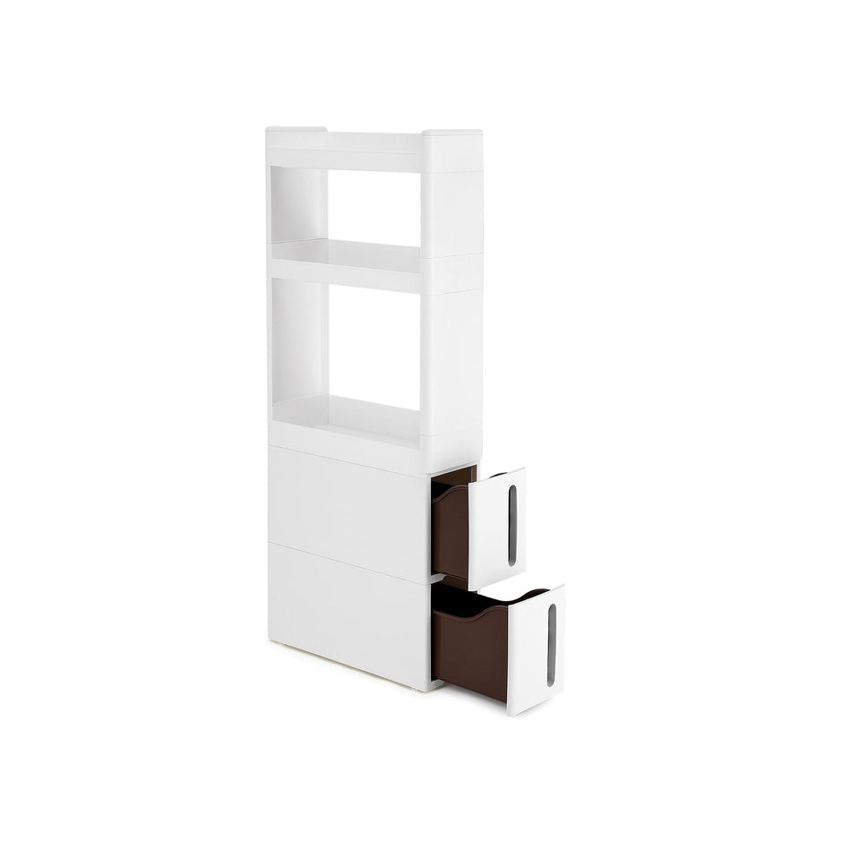 Rolling Trolley Cupboard – Wood – White – Narrow Storage with 3 Compartments and 2 Drawers