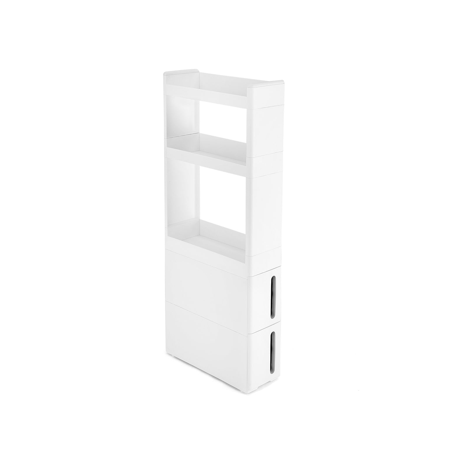Rolling Trolley Cupboard – Wood – White – Narrow Storage with 3 Compartments and 2 Drawers