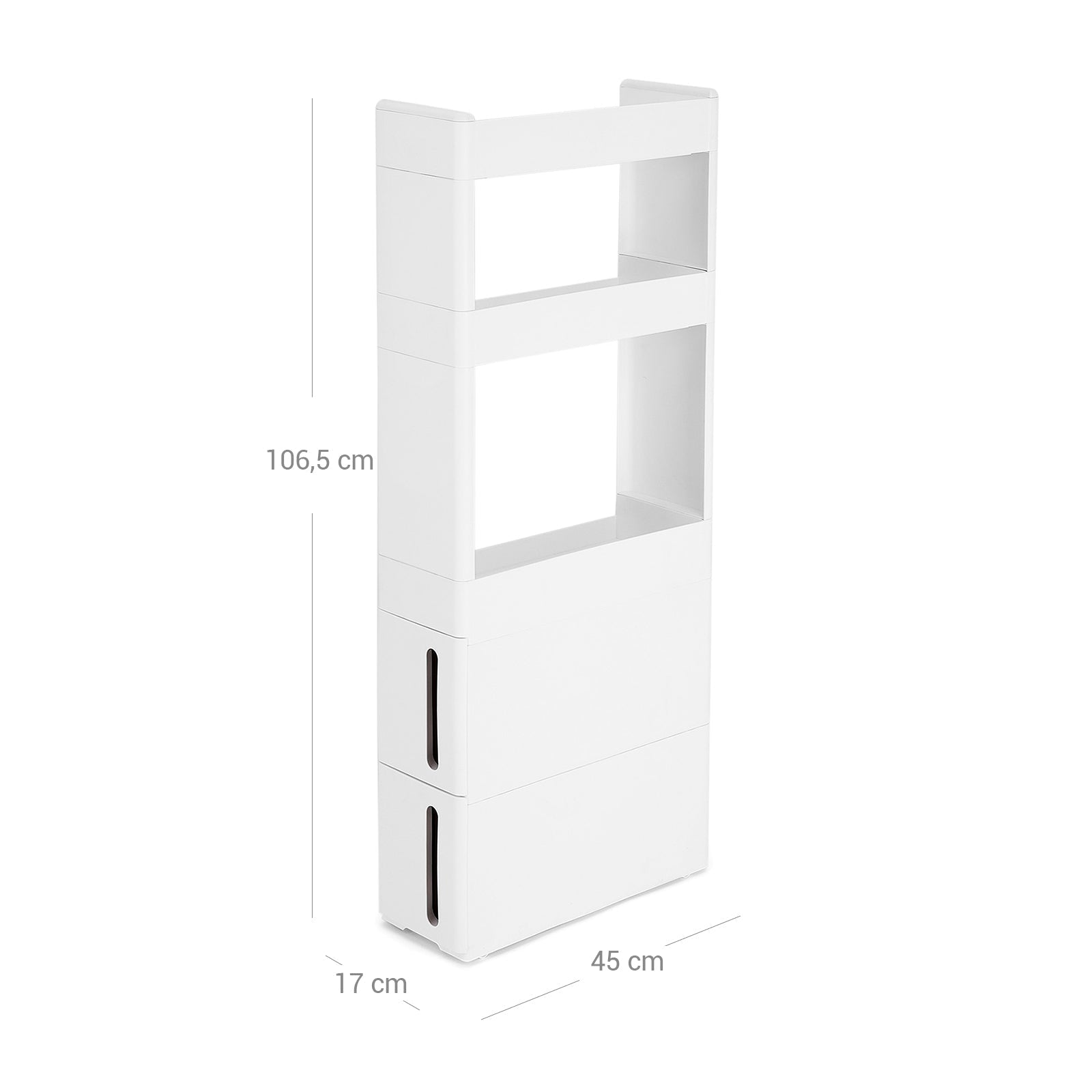 Rolling Trolley Cupboard – Wood – White – Narrow Storage with 3 Compartments and 2 Drawers