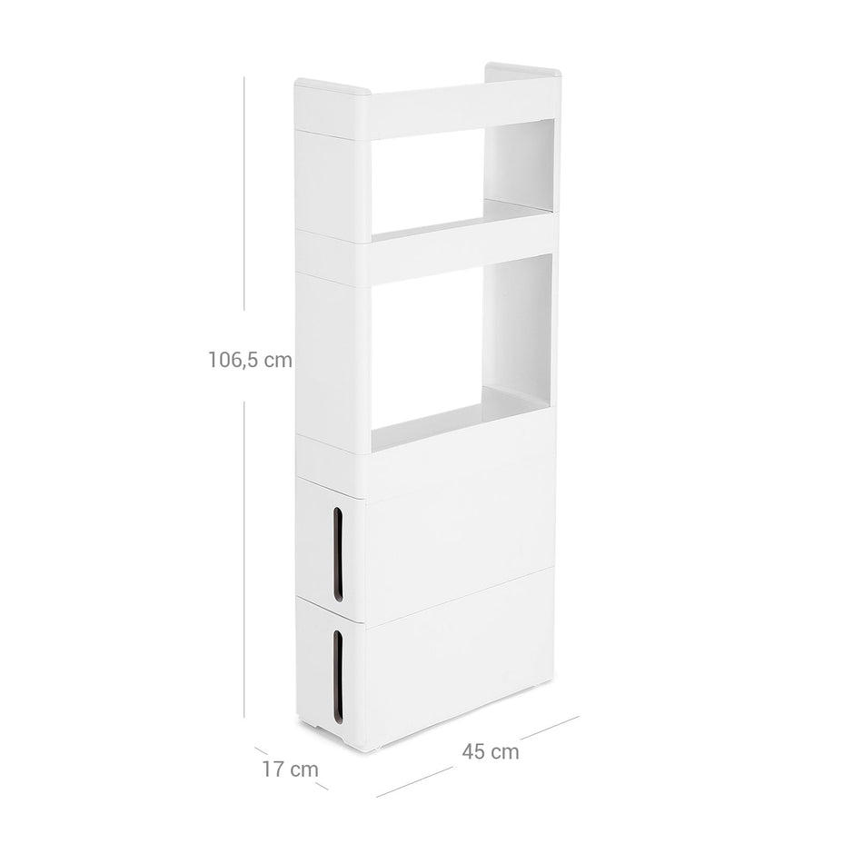 Rolling Trolley Cupboard – Wood – White – Narrow Storage with 3 Compartments and 2 Drawers