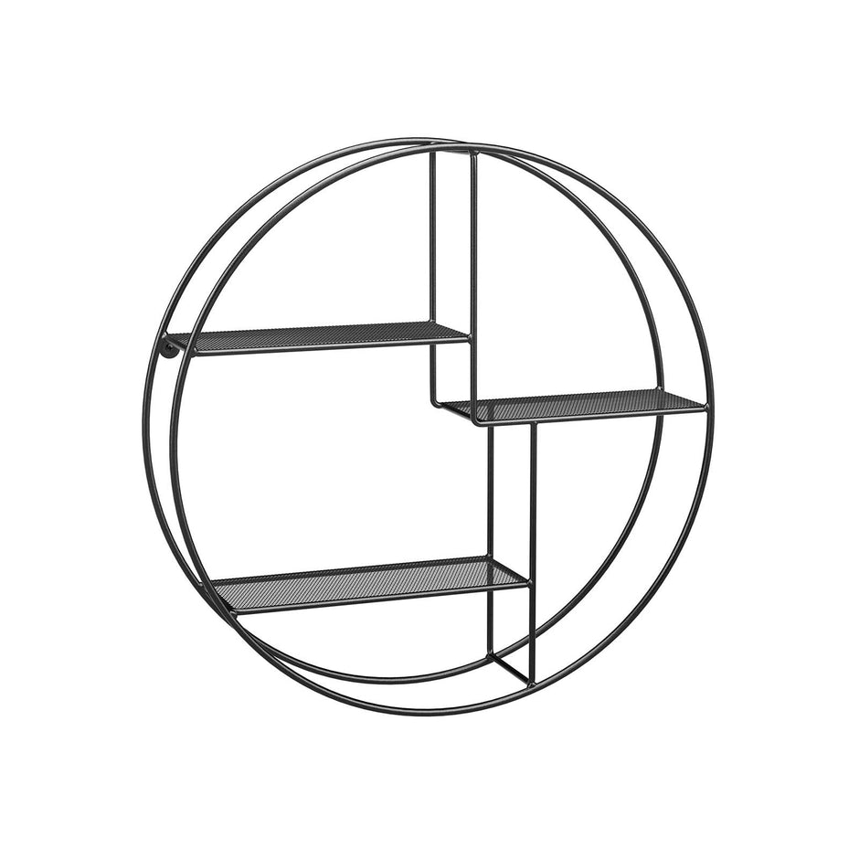 Round Floating Wall Shelf – Metal – Black – Features 3 Metal Mesh Panels