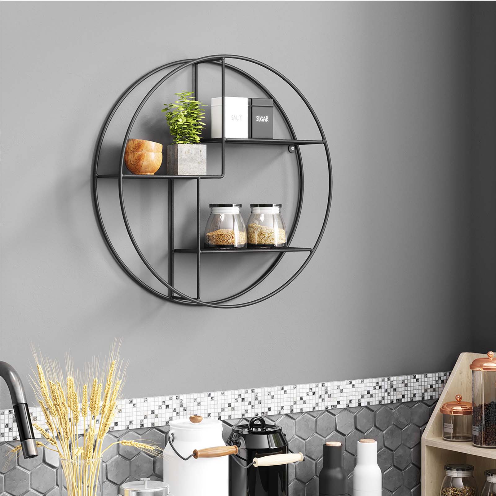 Round Floating Wall Shelf – Metal – Black – Features 3 Metal Mesh Panels
