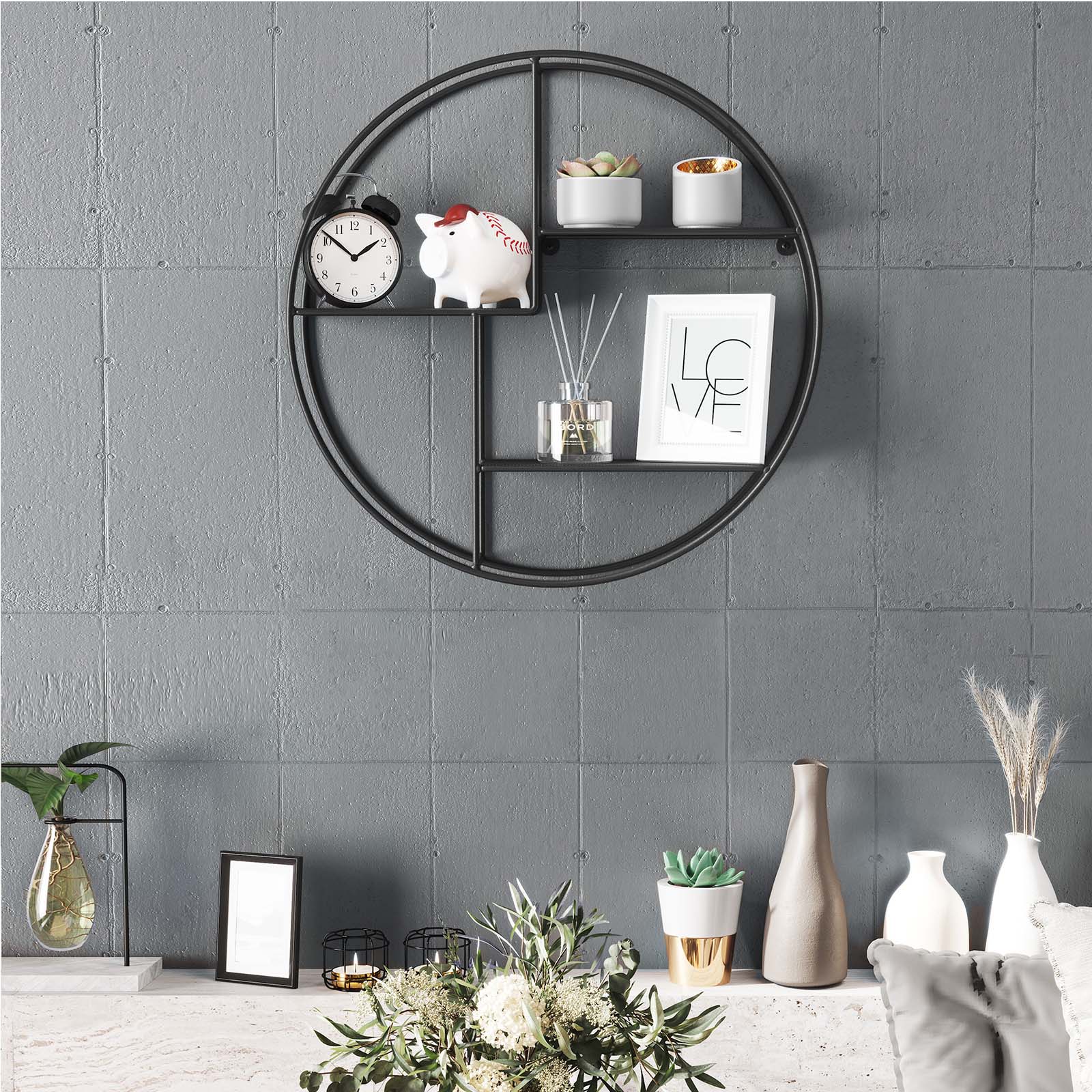 Round Floating Wall Shelf – Metal – Black – Features 3 Metal Mesh Panels