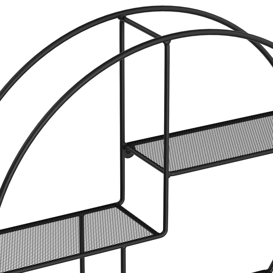 Round Floating Wall Shelf – Metal – Black – Features 3 Metal Mesh Panels
