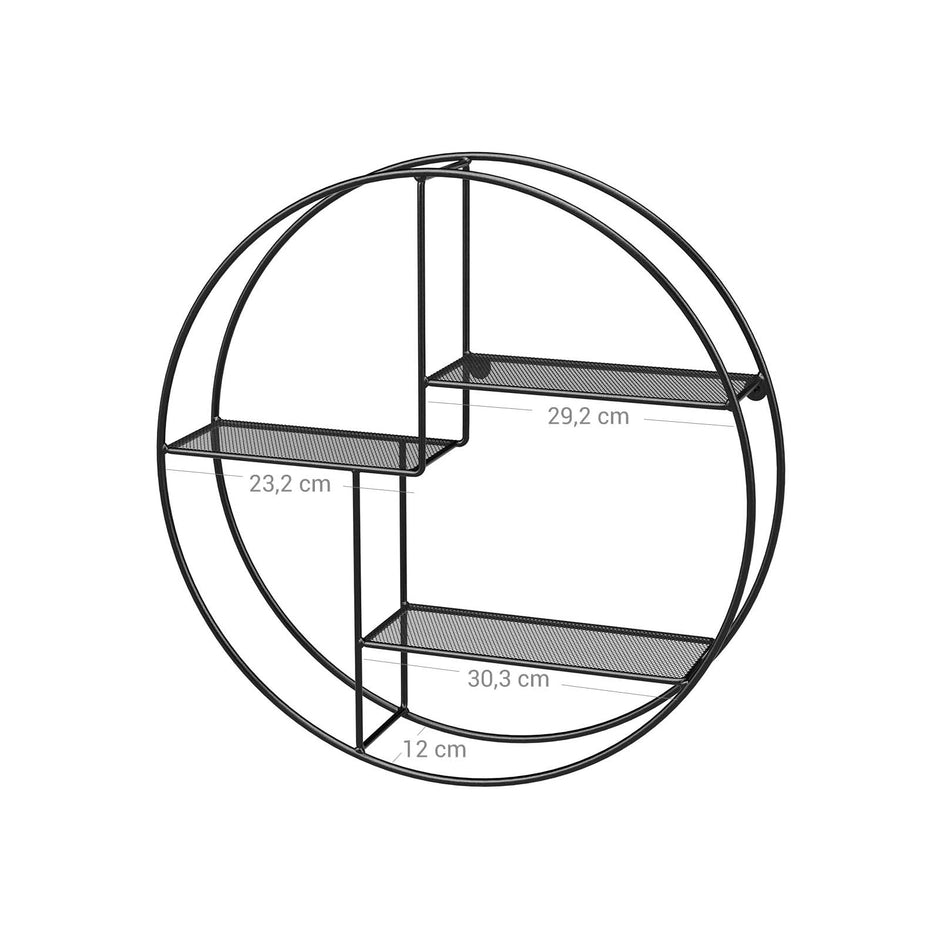 Round Floating Wall Shelf – Metal – Black – Features 3 Metal Mesh Panels