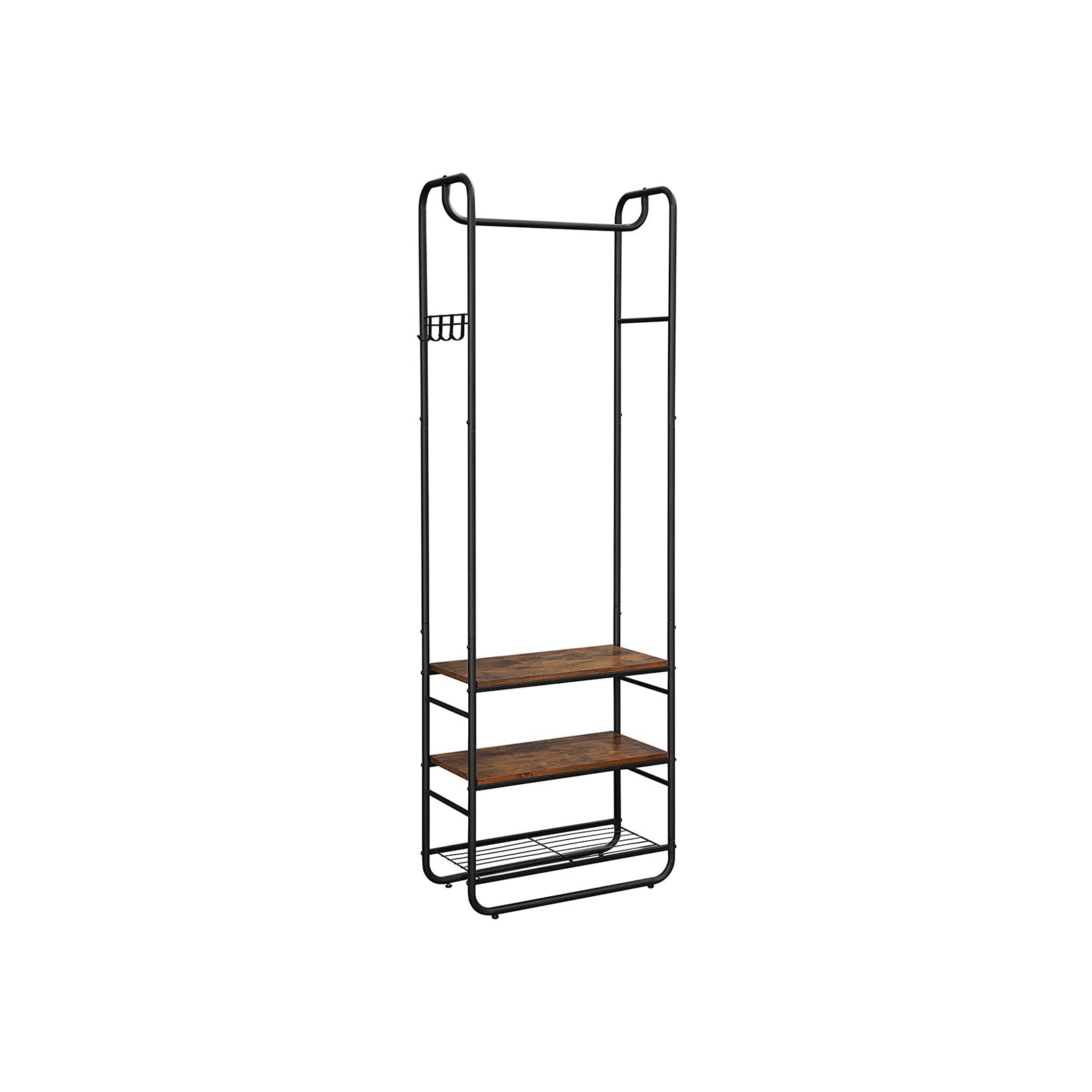 Hall Tree – Wood and Metal – Rustic Brown and Black – With Shoe Rack and Shelves