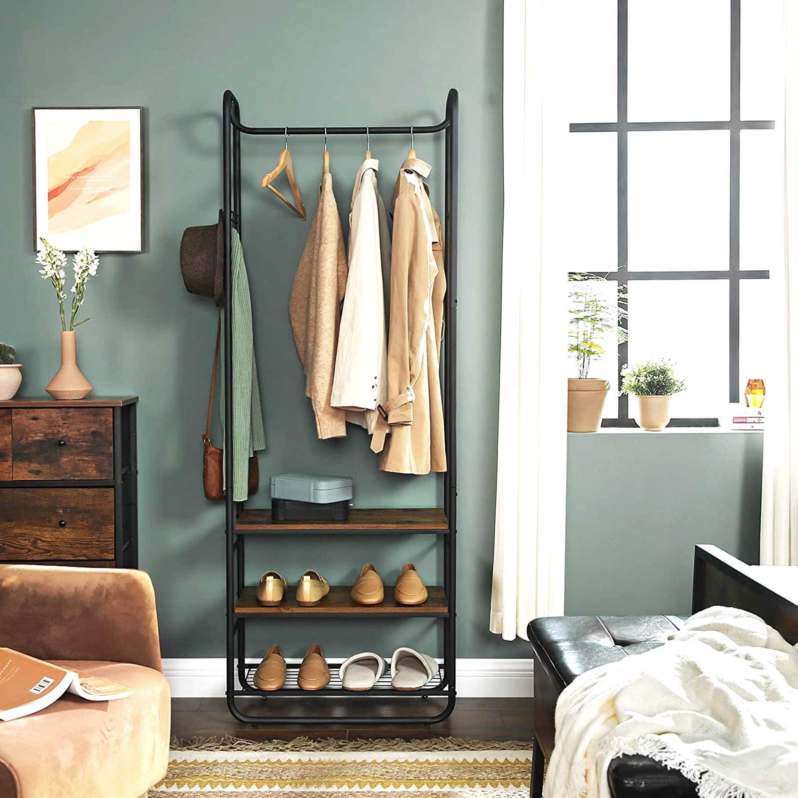 Hall Tree – Wood and Metal – Rustic Brown and Black – With Shoe Rack and Shelves