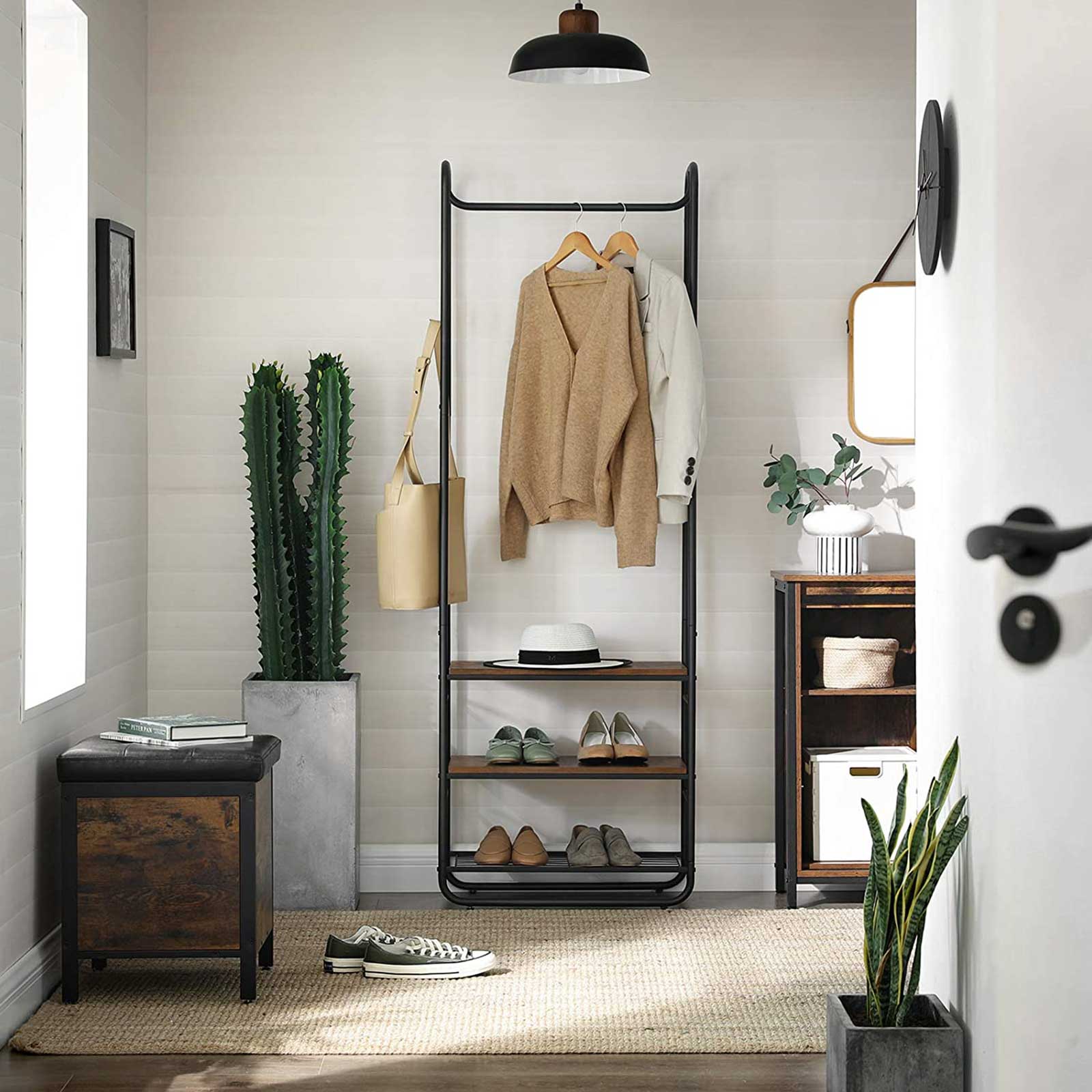 Hall Tree – Wood and Metal – Rustic Brown and Black – With Shoe Rack and Shelves