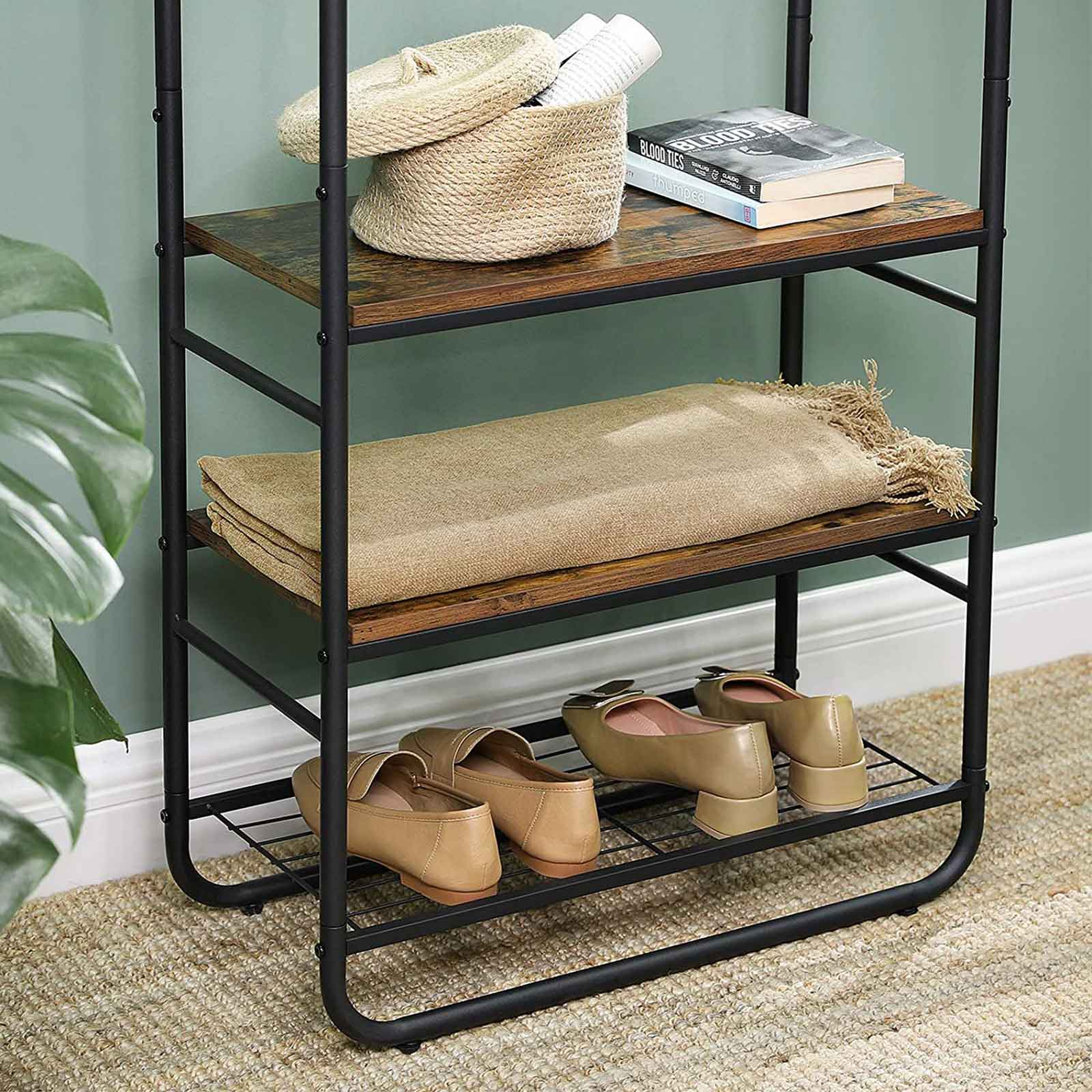 Hall Tree – Wood and Metal – Rustic Brown and Black – With Shoe Rack and Shelves