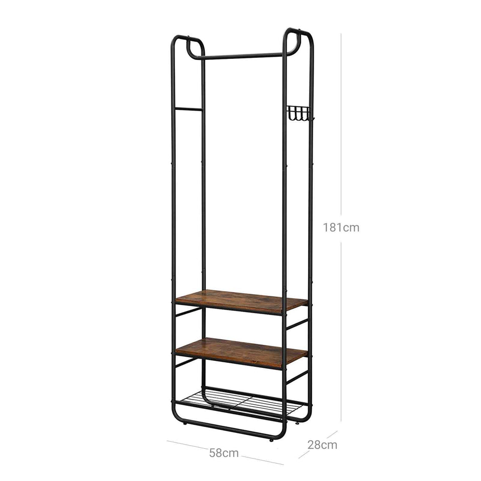Hall Tree – Wood and Metal – Rustic Brown and Black – With Shoe Rack and Shelves