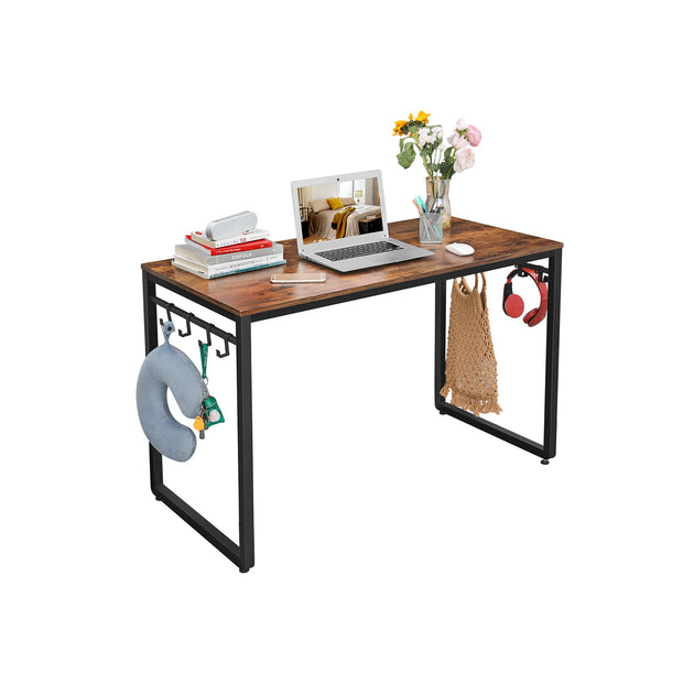Writing Desk – Metal – Rustic Brown and Black – Industrial Design with 8 Hooks