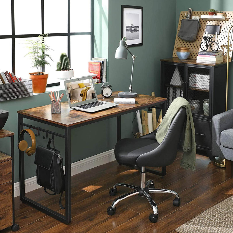Writing Desk – Metal – Rustic Brown and Black – Industrial Design with 8 Hooks