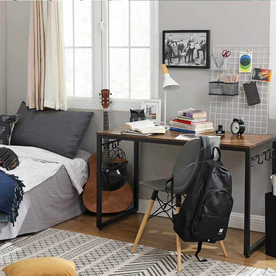Writing Desk – Metal – Rustic Brown and Black – Industrial Design with 8 Hooks
