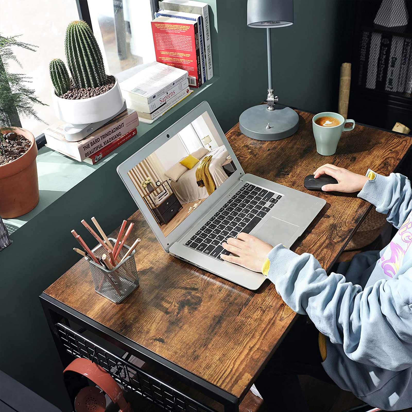 Writing Desk – Metal – Rustic Brown and Black – Industrial Design with 8 Hooks