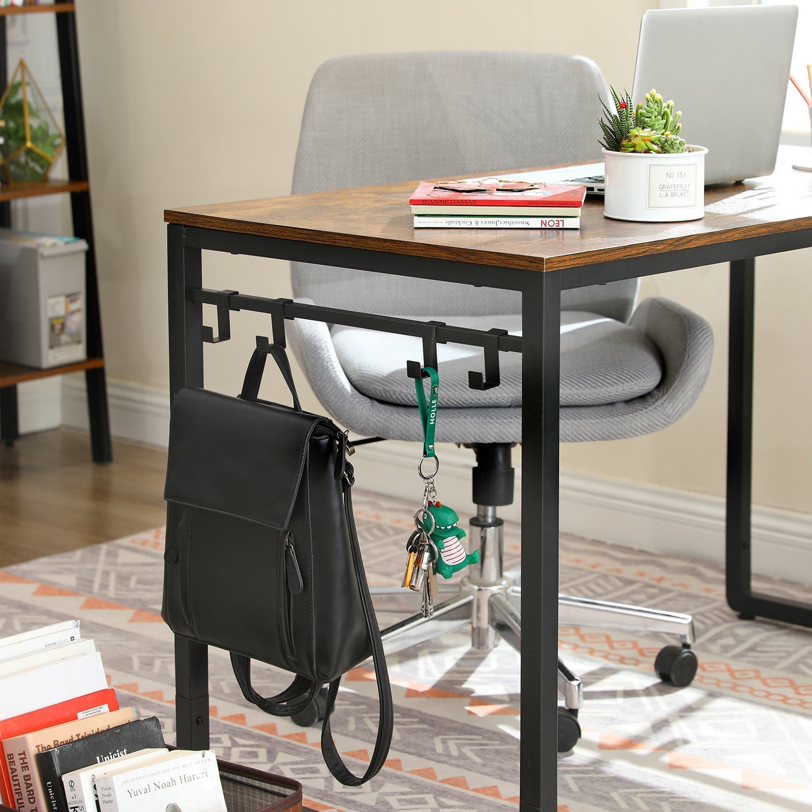 Writing Desk – Metal – Rustic Brown and Black – Industrial Design with 8 Hooks
