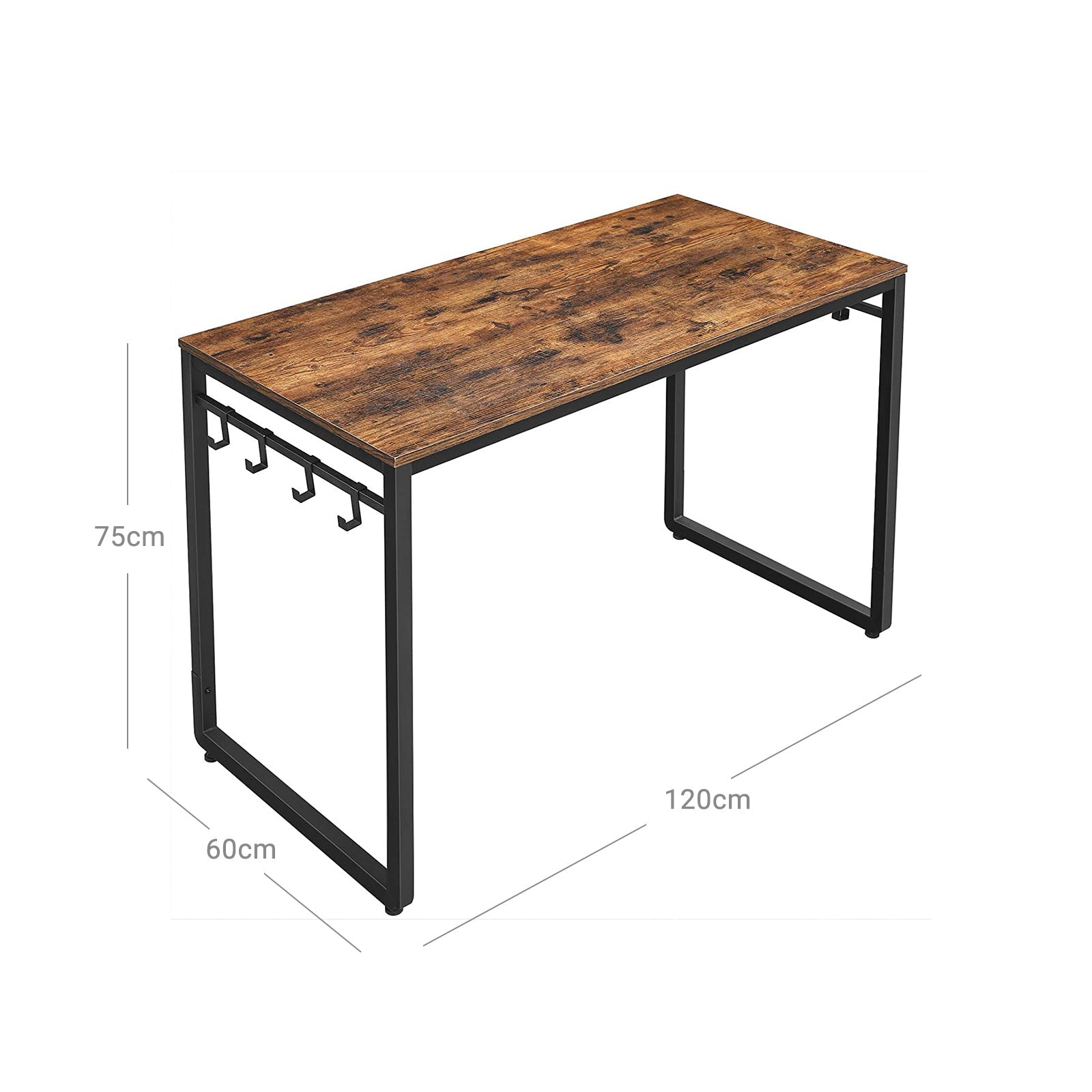 Writing Desk – Metal – Rustic Brown and Black – Industrial Design with 8 Hooks