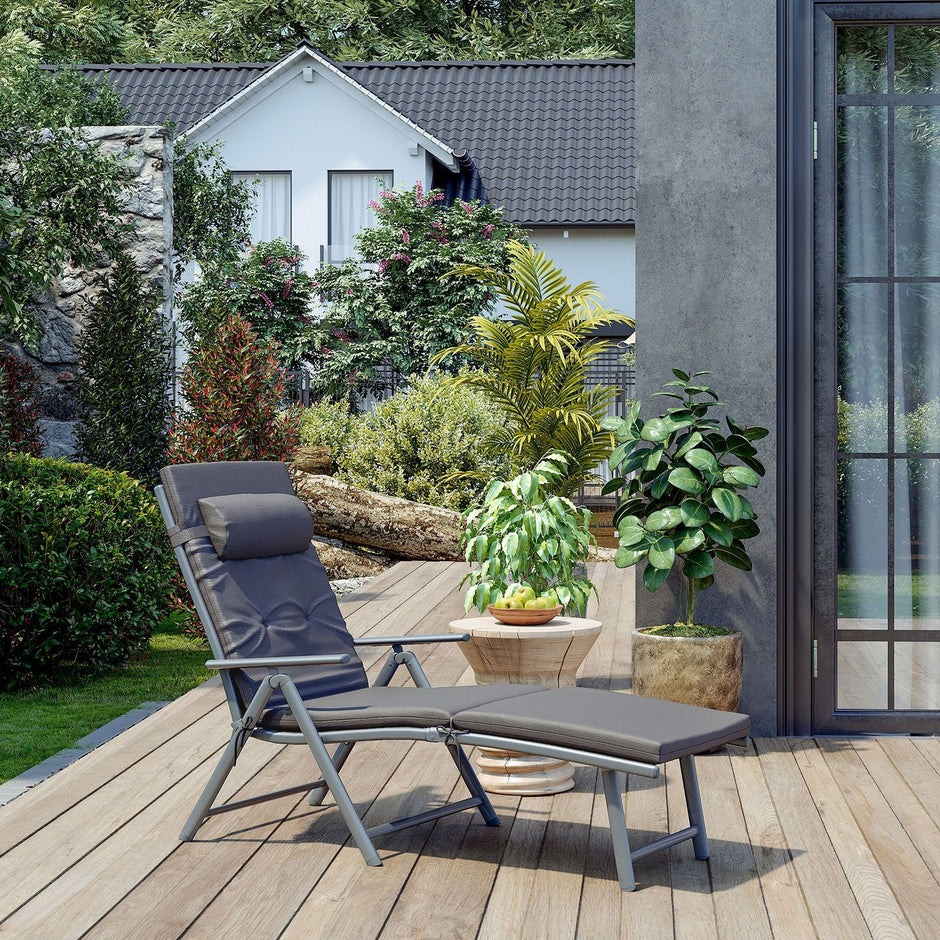 Sun Lounger – Rustproof Aluminium – Black – Foldable with 6 cm Mattress and Removable Headrest