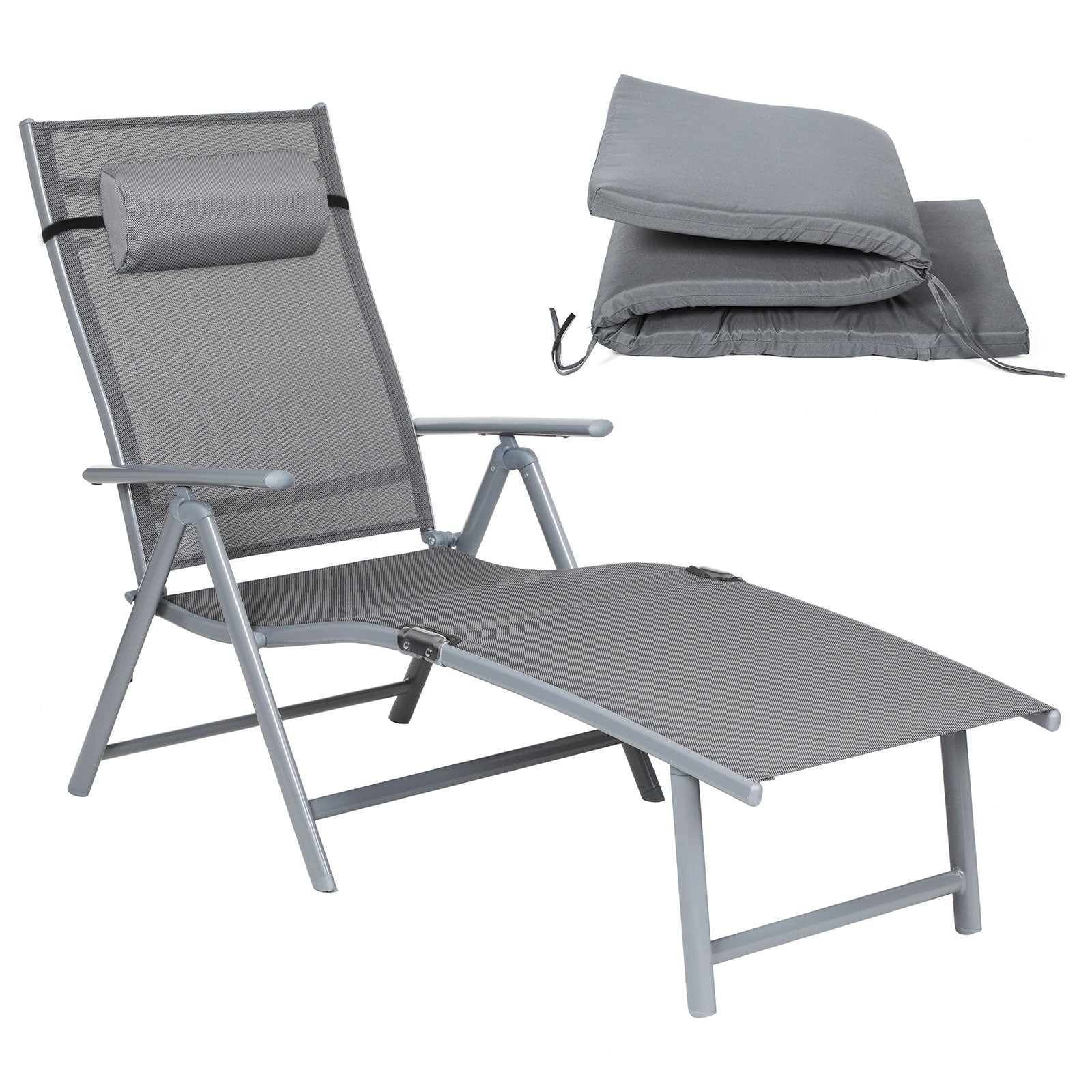 Sun Lounger – Rustproof Aluminium – Black – Foldable with 6 cm Mattress and Removable Headrest