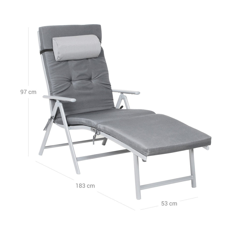 Sun Lounger – Rustproof Aluminium – Black – Foldable with 6 cm Mattress and Removable Headrest
